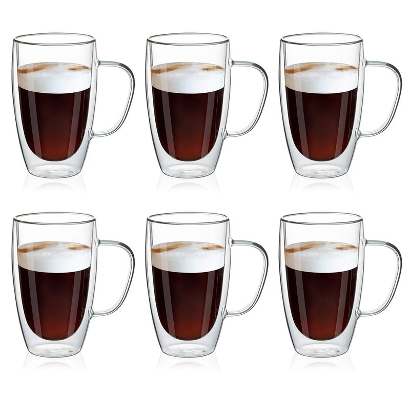 MEWAY 16oz/6 pack Coffee Mugs, Thickened Clear Glass Double Wall Cup with handle for Coffee, Tea, Latte, Cappuccino (16 ozï¼Œ6) - Image 1